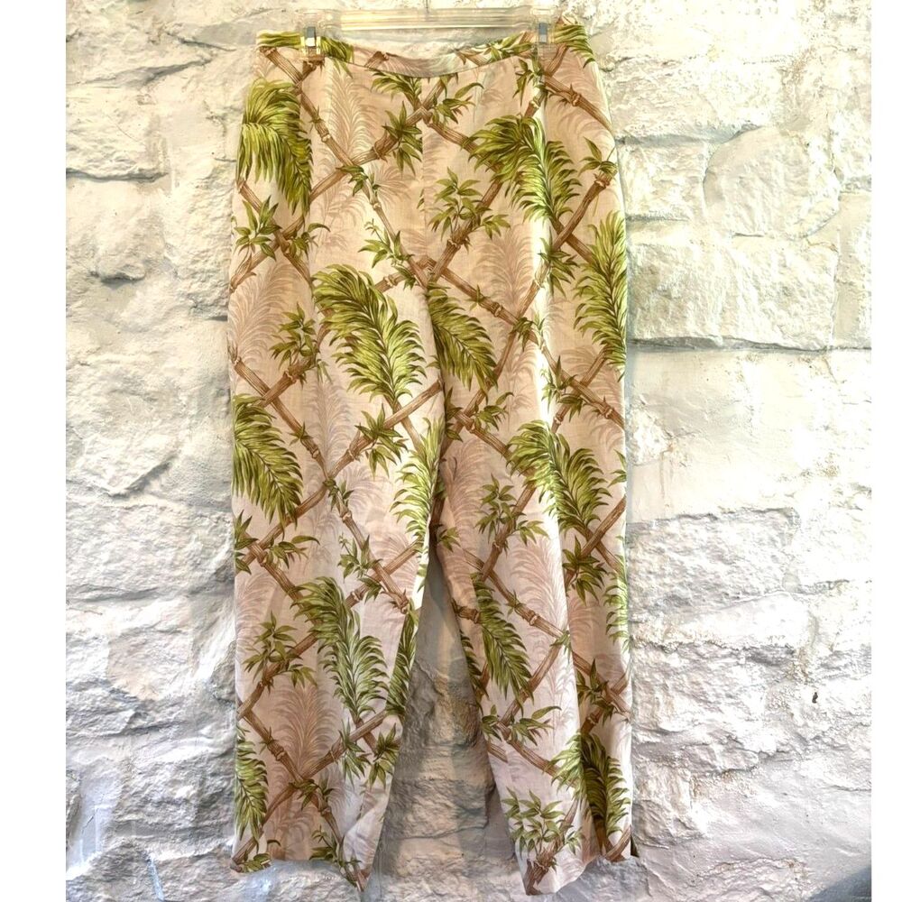 Talbots Petites 14P Linen Palm Print Crop Pants Tropical Bamboo Resort Coastal